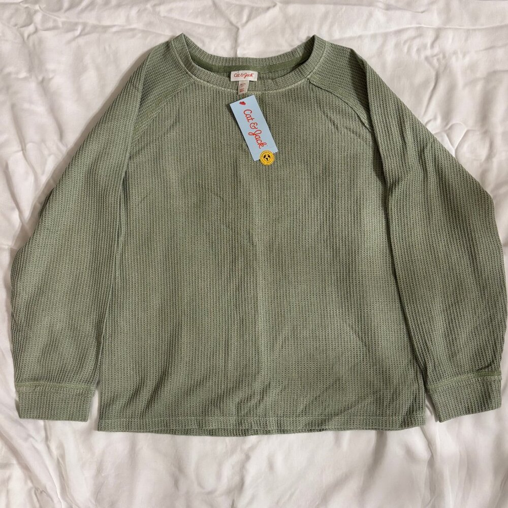 Olive Green Waffle Long Sleeve Girls top - XL (14) - NWT